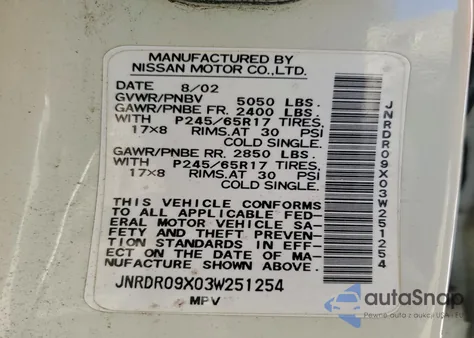 2003 Infiniti Qx4 z USA, uszkodzony, nr VIN JNRDR09X03W251254